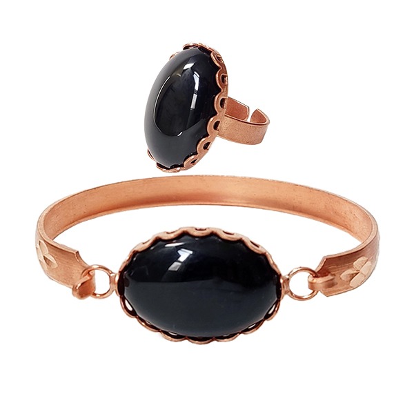 نیم ست دستبند و انگشتر مسی حلقه ای نگین دار سیاه